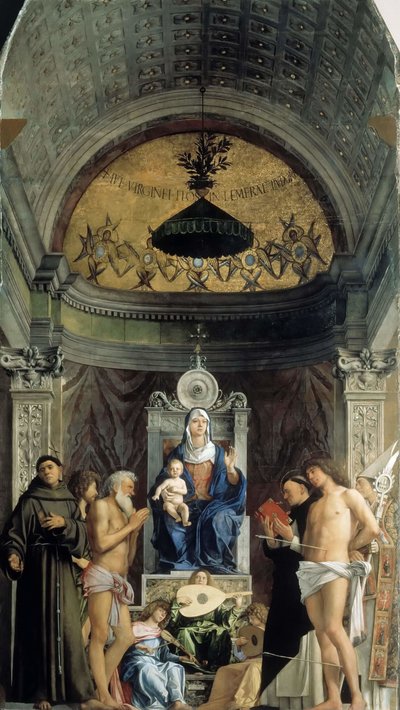 Madonna z Dzieciątkiem, muzykalne anioły i święci Franciszek, Jan Chrzciciel, Hiob, Dominik..., ok. 1487 autorstwa Giovanni Bellini