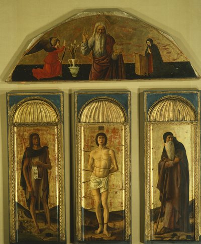 Tryptyk św. Sebastiana autorstwa Giovanniego Belliniego (1431-36 - 1516) i innych malarzy, tempera na desce, panel środkowy 127x48, panele boczne 103x45, luneta 59x170 autorstwa Giovanni Bellini