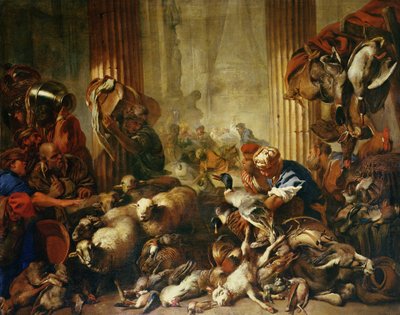 Jezus wyprowadza kupców ze świątyni (olej na płótnie) autorstwa Giovanni Benedetto Castiglione