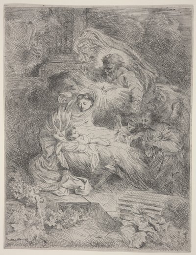Narodzenia z Bogiem Ojcem, Gołębicą Ducha Świętego i Aniołami, ok. 1645 (akwaforta) autorstwa Giovanni Benedetto Castiglione