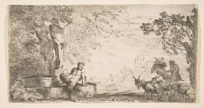 Satyr leżący u stóp posągu Priapa, po prawej kozy, ca. 1645-48. autorstwa Giovanni Benedetto Castiglione
