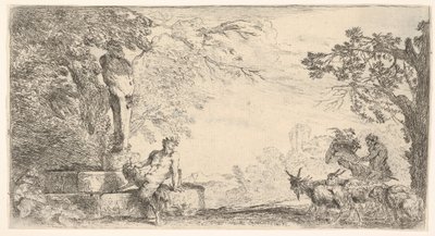 Satyr leżący u stóp posągu Priapa, po prawej kozy, ca. 1645-48. autorstwa Giovanni Benedetto Castiglione