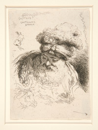 Stary mężczyzna z dużą brodą, widziany z przodu, z spuszczoną głową i oczami, z cyklu Les petites tetes d autorstwa Giovanni Benedetto Castiglione