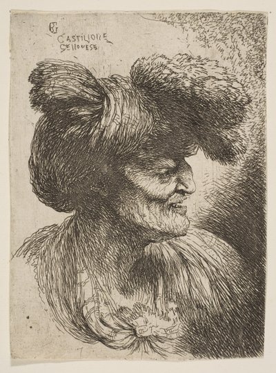 Popiersie starca bez brody z profilu w prawo, z cyklu Mała głowa..., ca. 1645-1650. autorstwa Giovanni Benedetto Castiglione