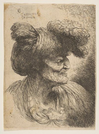 Popiersie starca bez brody z profilu w prawo, z serii Małe głowy ..., ca. 1645-50. autorstwa Giovanni Benedetto Castiglione