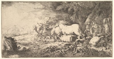 Wejście zwierząt do arki Noego, trzech mężczyzn podąża za czworonogami i ptaszkami..., ok. godz. 1650-55. autorstwa Giovanni Benedetto Castiglione