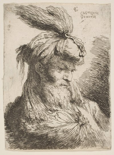 Głowa brodatego mężczyzny w turbanie w prawo, z cyklu Małe głowy..., ca. 1645-1650. autorstwa Giovanni Benedetto Castiglione