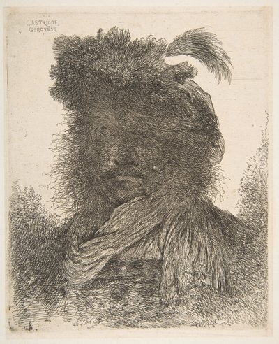 Głowa mężczyzny w cieniu zwrócona lekko w lewo, z cyklu Large Or..., ca. 1645-1650. autorstwa Giovanni Benedetto Castiglione