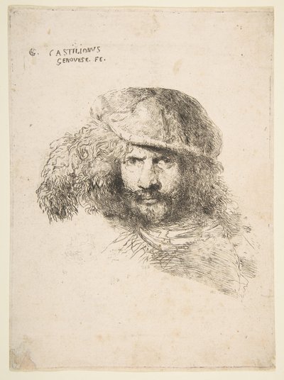 Głowa mężczyzny w czapce z piórami, prawdopodobnie Berniniego, prawdopodobnie autoportret..., ok. 1930 r. 1645-1650. autorstwa Giovanni Benedetto Castiglione
