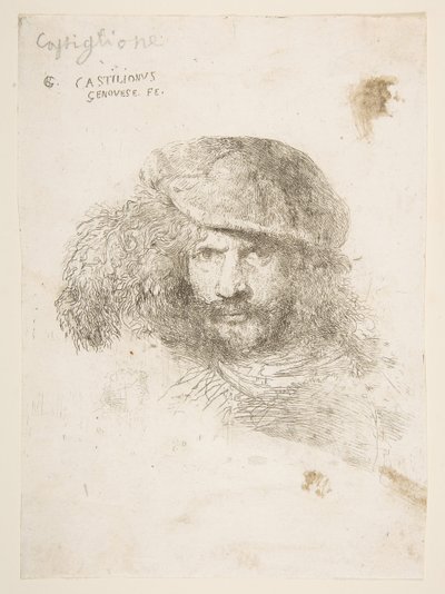Głowa mężczyzny w czapce z piórami, prawdopodobnie Berniniego, prawdopodobnie autoportret..., ok. 1930 r. 1645-1650. autorstwa Giovanni Benedetto Castiglione