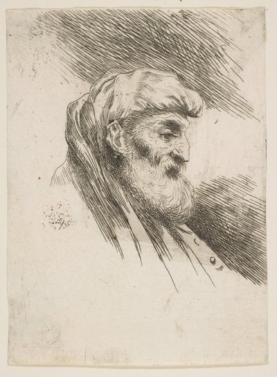 Głowa starego brodatego mężczyzny zwrócona w prawo, z cyklu Małych głów w Orien..., ca. 1645-1650. autorstwa Giovanni Benedetto Castiglione