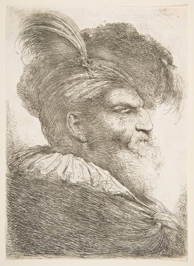 Głowa starca zwrócona w prawo, z serii Dużych głów orientalnych, ca. 1645-1650. autorstwa Giovanni Benedetto Castiglione