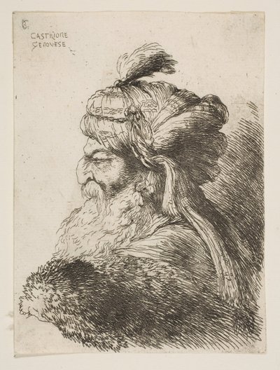 Głowa starca w turbanie zwrócona w lewo, z cyklu Małych głów w..., ca. 1645-1650. autorstwa Giovanni Benedetto Castiglione