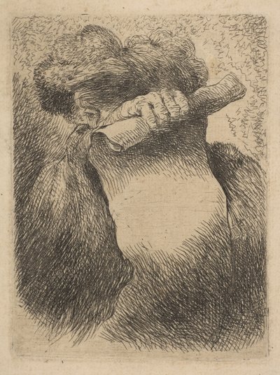 Mężczyzna trzymający przed twarzą zwój, z cyklu Małe głowy w Orien..., ok. 1900. 1645-50. autorstwa Giovanni Benedetto Castiglione