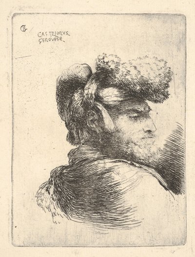 Mężczyzna z profilu zwrócony w prawo, w futrzanym kapeluszu, z serii Małe głowy w Or..., ca. 1645-1650. autorstwa Giovanni Benedetto Castiglione