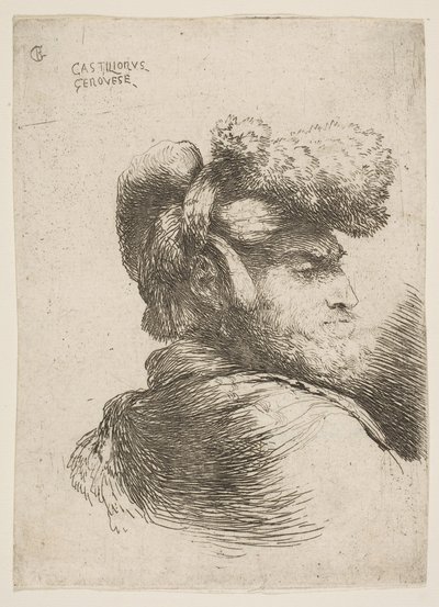 Mężczyzna z profilu zwrócony w prawo, w futrzanym kapeluszu, z serii Małe głowy w Or..., ca. 1645-1650. autorstwa Giovanni Benedetto Castiglione