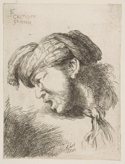 Mężczyzna w turbanie, w krawacie zawiązanym na szyi, zwrócony w lewo, z serii..., 1645-1650. autorstwa Giovanni Benedetto Castiglione