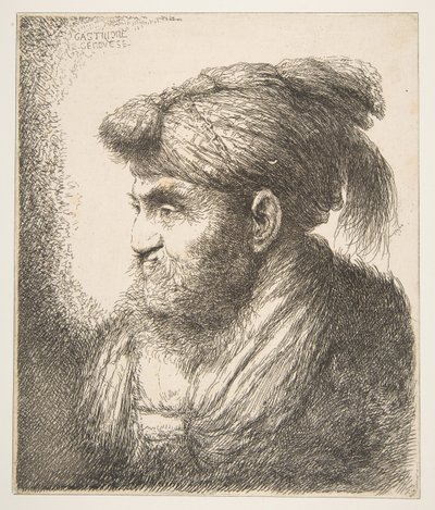 Mężczyzna w turbanie zwróconym w lewo, z serii Dużych głów orientalnych, ca. 1645-50. autorstwa Giovanni Benedetto Castiglione