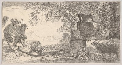 Po lewej stronie półleżąca patelnia z dwoma stojącymi satyrami, po prawej duża waza na postumencie, ca. 1645. autorstwa Giovanni Benedetto Castiglione