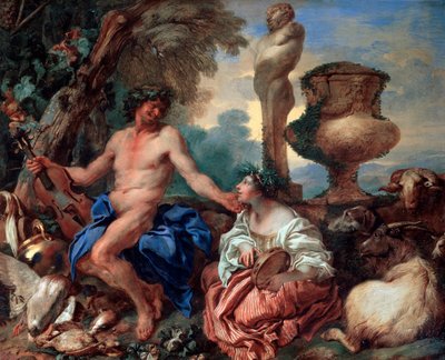 Scena duszpasterska. Faun i pasterka, 1650. autorstwa Giovanni Benedetto Castiglione
