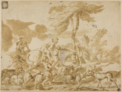 Chłopska rodzina z owcą i psem autorstwa Giovanni Benedetto Castiglione