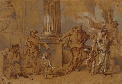 Wypędzenie Hagar, ok. 1640 (czerwono-brązowa, niebiesko-zielona i biała farba olejna i pędzel na beżowym papierze) autorstwa Giovanni Benedetto Castiglione