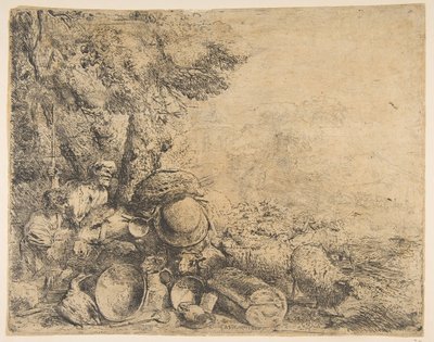 Dwóch pasterzy, osioł i inne zwierzęta w krajobrazie, ca. 1638-1640. autorstwa Giovanni Benedetto Castiglione