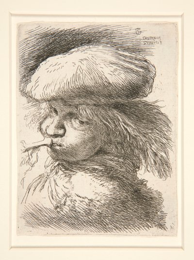 Młody człowiek dmuchający w trąbkę, z cyklu Les petites tetes d autorstwa Giovanni Benedetto Castiglione