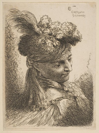 Młody mężczyzna stojący trzy czwarte w prawo w futrzanym nakryciu głowy z pióropuszem, klejnotem i..., ca. 1645-50. autorstwa Giovanni Benedetto Castiglione