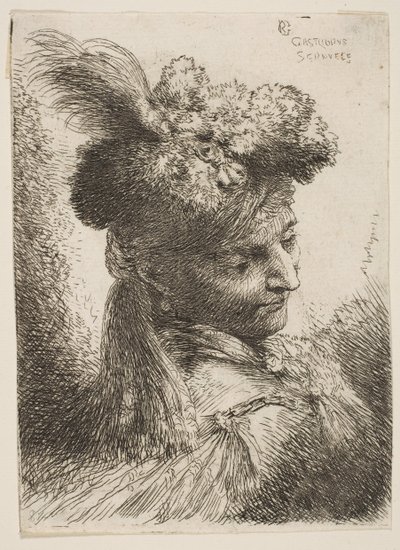 Młody mężczyzna stojący trzy czwarte w prawo w futrzanym nakryciu głowy z pióropuszem, klejnotem ..., ca. 1645-1650. autorstwa Giovanni Benedetto Castiglione