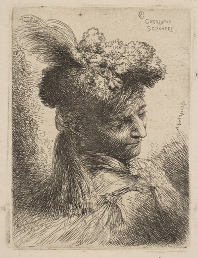 Młody mężczyzna stojący trzy czwarte w prawo, w futrzanym nakryciu głowy z pióropuszem, klejnot w..., ca. 1645-50. autorstwa Giovanni Benedetto Castiglione