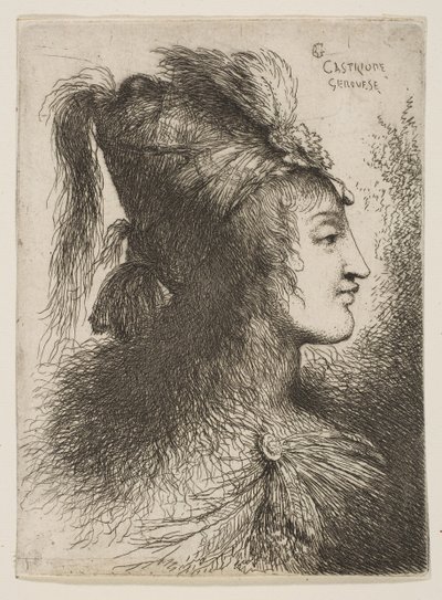 Młody mężczyzna w turbanie z pióropuszem, twarzą w prawo, z cyklu Małe głowy…, ok. 1900. 1645-1650. autorstwa Giovanni Benedetto Castiglione