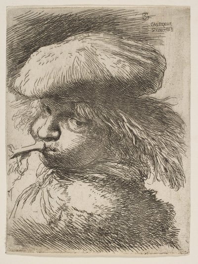 Młody mężczyzna z trąbką zwróconą w lewo, z cyklu Małe głowy w orientalnym..., ca. 1645-1650. autorstwa Giovanni Benedetto Castiglione