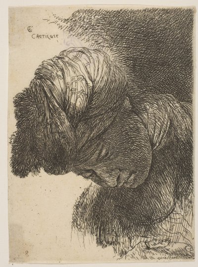 Młody mężczyzna z opuszczoną głową, w turbanie, przodem do lewej, z cyklu o..., ca. 1645-1650. autorstwa Giovanni Benedetto Castiglione
