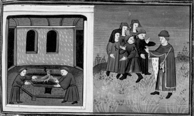 Decameron, Giovanni del Bragoniera i Biagio Pizzini kradną relikwię bratu Ciboule; zakonnik naznacza węglem ubrania wieśniaków. Dzień szósty, wiadomość nr 10 autorstwa Giovanni Boccaccio