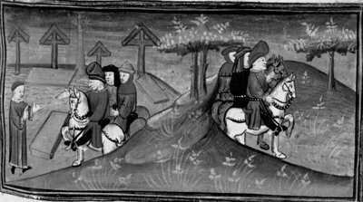 Dekameron, Betto Brunelleschi i jego brygada spotykają Guido Cavalcantiego; Betto wyjaśnia słowa Guido swoim przyjaciołom. Dzień szósty, wiadomość nr 9 autorstwa Giovanni Boccaccio