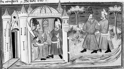 Dekameron, Melchizedek opowiada Saladynowi przypowieść o trzech pierścieniach; dwaj mężczyźni zostają przyjaciółmi. Pierwszy dzień, opowiadanie 3. autorstwa Giovanni Boccaccio
