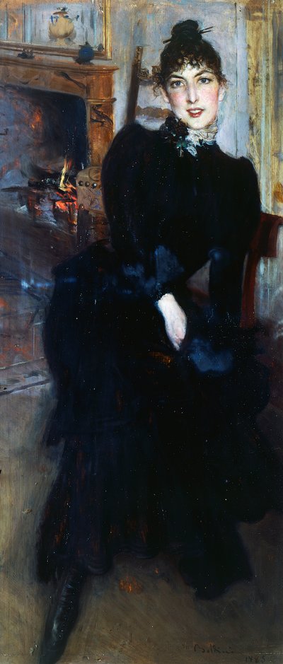Alaide Banti przy kominku (olej na panelu) autorstwa Giovanni Boldini