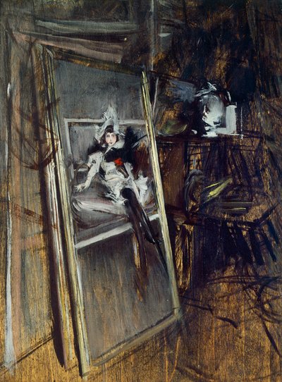 Wewnątrz pracowni malarskiej z obrazem Młoda dziewczyna, Errazuriz, autorstwa Giovanniego Boldiniego (1842-1931) autorstwa Giovanni Boldini