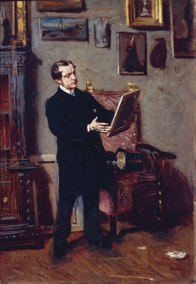 Włochy, Florencja, młody mężczyzna oglądający obraz autorstwa Giovanni Boldini