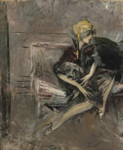 Dama w żółtym kapeluszu ze swoim psem Marchesa Casati autorstwa Giovanni Boldini