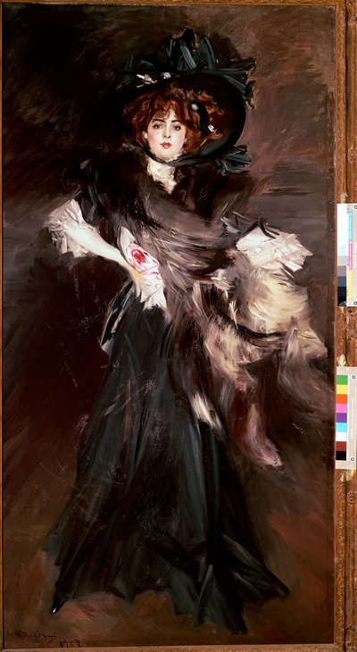 Portret Mademoiselle Lantelme Młoda kobieta ubiera się na czarno Belle Epoque. Obraz Giovanniego Boldiniego (1842-1931) 1907 Nd. 227x118 cm Rzym, Galleria Nazionale d