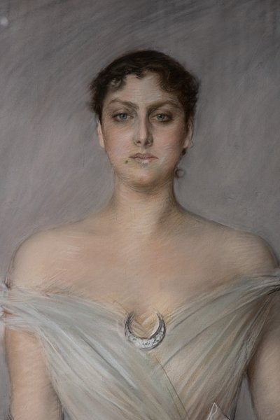 Retrato de uma senhora de branco com luvas e leque, detalhe polonês autorstwa Giovanni Boldini