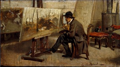 Malarz Giovanni Fattori w swoim warsztacie Malarstwo przypisywane Giovanniemu Boldiniemu (1842-1931) 1863-1869 Nd. 13x24 cm kolekcja prywatna Mediolan autorstwa Giovanni Boldini