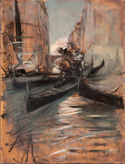 Widok kanału w Wenecji z gondolami (Kanał wenecki i gondole) Obraz Giovanniego Boldiniego (1842-1931) 1910-1914 Kolekcja prywatna autorstwa Giovanni Boldini