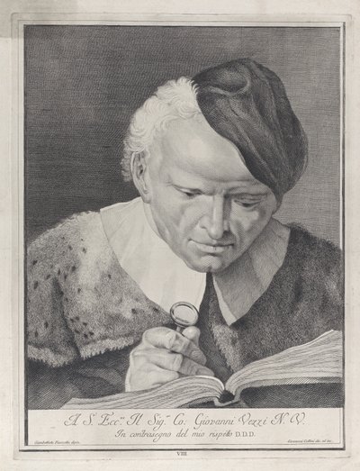 Mężczyzna w kapeluszu czytający książkę pod lupą, 1743. autorstwa Giovanni Cattini