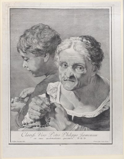 Stara kobieta z różańcem i chłopcem liczącym monety, 1743 r. autorstwa Giovanni Cattini