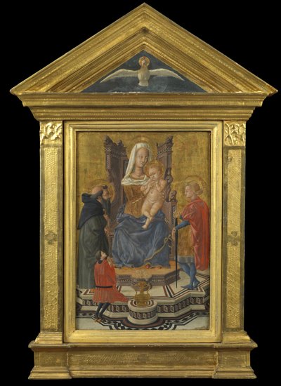 Dziewica z Dzieciątkiem na tronie, ze świętymi Antonim Opatem i Julianem oraz Dawcą (na górze fronton - Duch Święty), c.1430 (tempera na panelu) autorstwa Giovanni Di Ser Giovanni Lo Sheggia (attr. to) Guidi