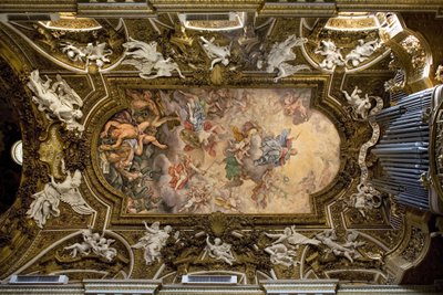 Sklepienie kościoła Santa Maria della Vittoria w Rzymie, fresk przedstawiający zwycięstwo Matki Boskiej nad herezją, upadek zbuntowanych aniołów, dokonany w 1675 r. przez Giovanniego Domenico Cerriniego (1609-1681), Budowa XVII w., włoski re autorstwa Giovanni Domenico Cerrini