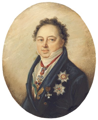 Hrabia Dmitry Pavlovich Tatishchev, zwrócony w lewo w niebieskim płaszczu, białej kamizelce i zapasie autorstwa Giovanni Domenico Bossi